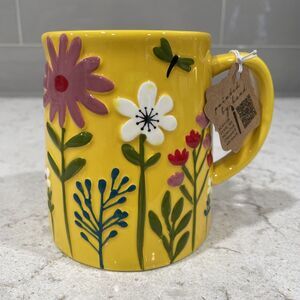 DRAGONFLY Hand Painted Sunshine Yellow Ceramic 18oz Mug Raised Floral Lang Tag